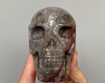 Mexican Crazy Lace Agat Skull, Hand-Carved Crystal Carving, Unique Crystal Decor A807
