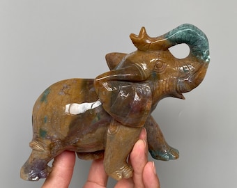 Ocean jasper elephant carving, Hand Carved Crystal Decor A808