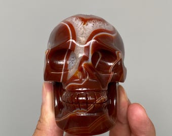 Natural Sardonyx Agate Skull With Druzy, Hand-Carved Crystal Carving, Unique Crystal Decor A805