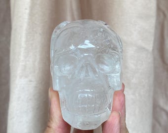 Hand-Carved Clear Quartz Skull  Polished Crystal Carving, Unique Crystal Decor A384