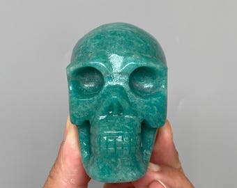Hand-Carved Amazonite Skull Polished Crystal Carving, Unique Crystal Decor A810