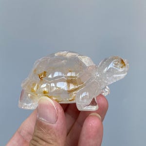 以下が含まれることがあります： カメの形に彫られた透明なクォーツクリスタルの置物。半透明の石の甲羅と頭部には、内部に金褐色の鉱物のインクルージョンがはっきりと見え、表面は滑らかに磨かれ、甲羅の幾何学的なプレートが明確に表現されています。