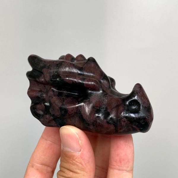 Hand-Carved Garnet Dragon Head Carving, Unique Crystal Decor A561