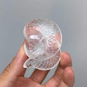 May include: A clear, transparent quartz crystal carving shaped like a coiled snake. The sculpture features intricate, etched cross-hatch patterns across its surface, mimicking scales, with a smooth, polished finish that reflects light.