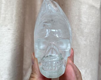 Hand-Carved Clear Quartz Skull  Polished Crystal Carving, Unique Crystal Decor A381