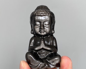 Hand-Carved Silver Obsidian Buddha Carving, Unique Crystal Decor A738