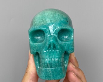Hand-Carved Amazonite Skull Polished Crystal Carving, Unique Crystal Decor A811