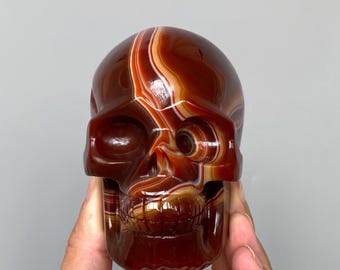 Natural Sardonyx Agate Skull, Hand-Carved Crystal Carving, Unique Crystal Decor A803