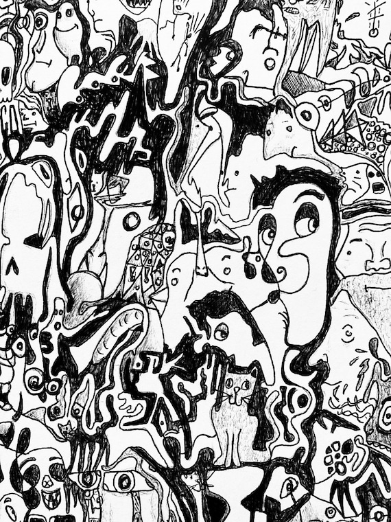 Black and White Hand Drawn Trippy Psychedelic Art Piece