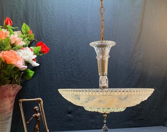 Art Deco Beaded Glass Chandelier: Embossed Floral Pendant Light, c1930