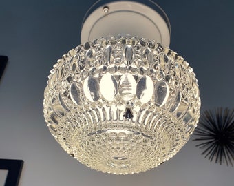 Three Chain Light: Semi Flush Mount with White Metal Fitter and Clear Bubble Glass Globe c1930s, Bedroom Light