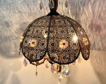 Vintage Pendant Light: Pierced Steel Light with Carnival Glass Flower Details, Hollywood Regency, Filigree Shade