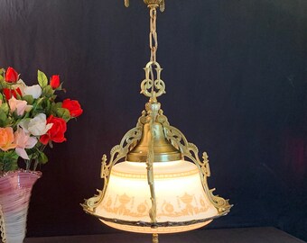 Lightolier Antique Pendant Light, Original Painted Glass Shade,  Rare Light -USA