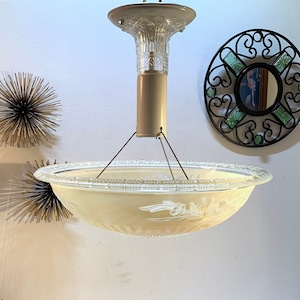 Art Nouveau Wild Rose Pendant Light, Etched Glass Bowl, Three Hook Fixture