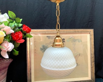Retro Pendant Light, White Quilted Pattern Globe, Up-cycled