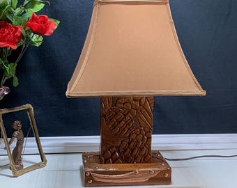 Hand Carved Black Walnut Table Lamp, Copper Trim, Mid-Century Lighting