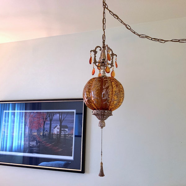 Swag Lamp: Amber Color Mellon Shape Globe With Original Diffuser,  Living Room Light, c1970