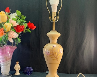 ART DECO Floral Beige Glass Lamp, Carrara Marble Base 1980's -Italy