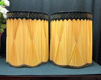 Pair MCM Shades, Pinch Pleated, Drum Shades,  Hollywood Regency, Black/Gold,