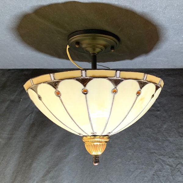 Elegant Art Deco Beige Leaded Glass Ceiling Light with Dark Amber Cabochons for Kitchen or Bedroom