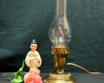 Table Lamp, Brass Base, Glass Chimney, Buffet Lamp, Victorian Decor,