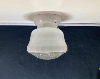 Mid Century White Glass Flush Mount Ceiling Light, Prismatic Diamond Design