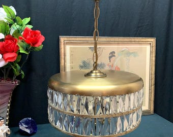 Three  Bulb Drum Light, Antique Brass, Clear Crystals