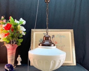 Embossed Milk Glass Shade, Industrial Pendant Light, School House Light