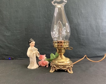 Mini Table Lamp, Brass Base, Piecrust Crimped Chimney,  Boudoir Lamp, Victorian Decor