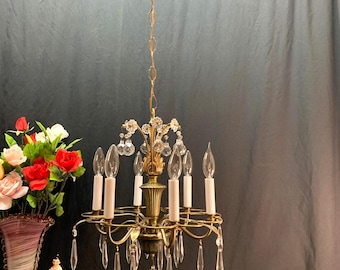 Antique 6 Light Ornate Brass and Crystal Chandelier