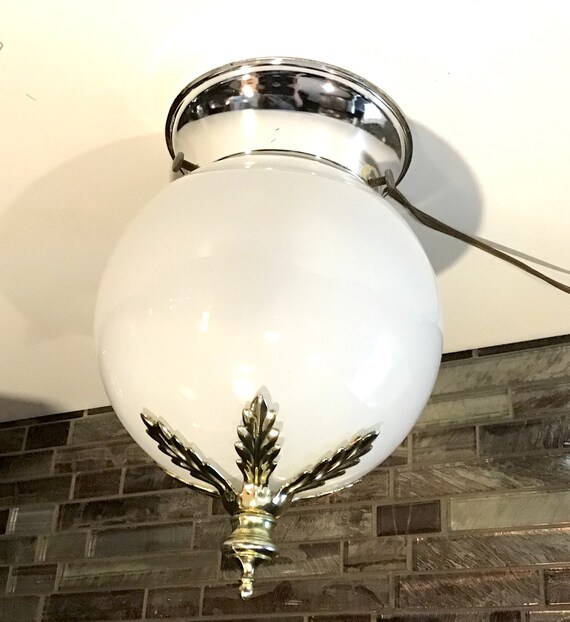 Ceiling Light Milk Glass Globe Large Gold Finial Silver Metal Fitter