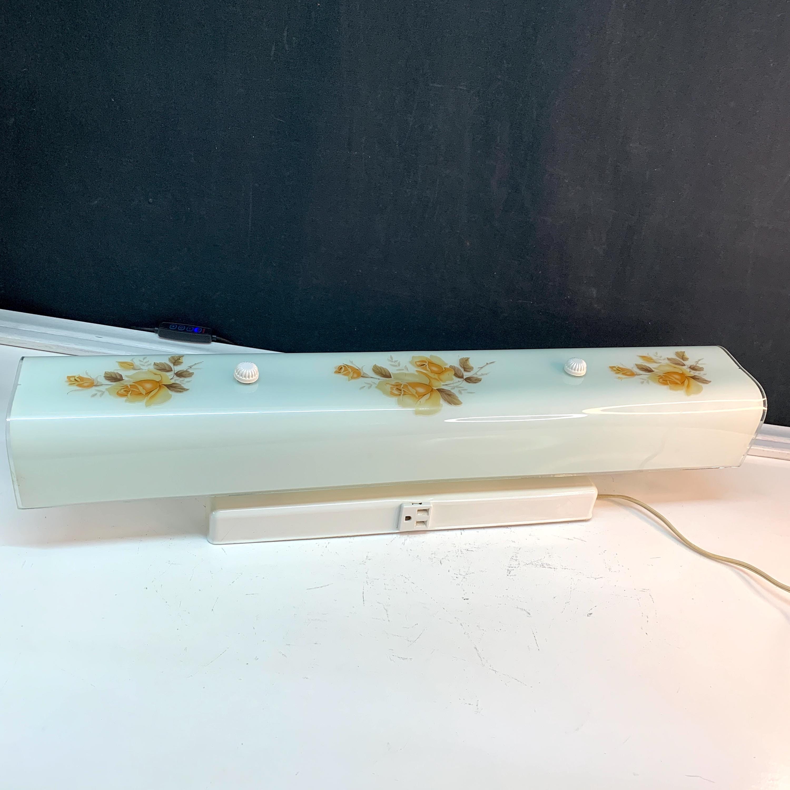 Mid Century U Shaped Glass Shade 4 Light Vanity Fixture, Channel Glass, Rose Motif, Utility Outlet