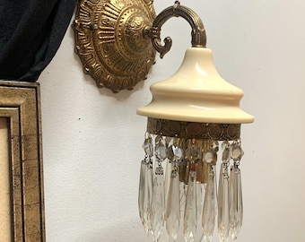 Ornate Brass Wall Sconce, Alabaster, Faceted Crystal Prisms