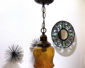 Amber Crackle Glass Pendant Light, Bronze Fixture, Retro Hallway Lighting