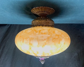 Art Deco Flush Mount, Marbled Opaline Glass & Ornate Metal, Fitter,  1940's