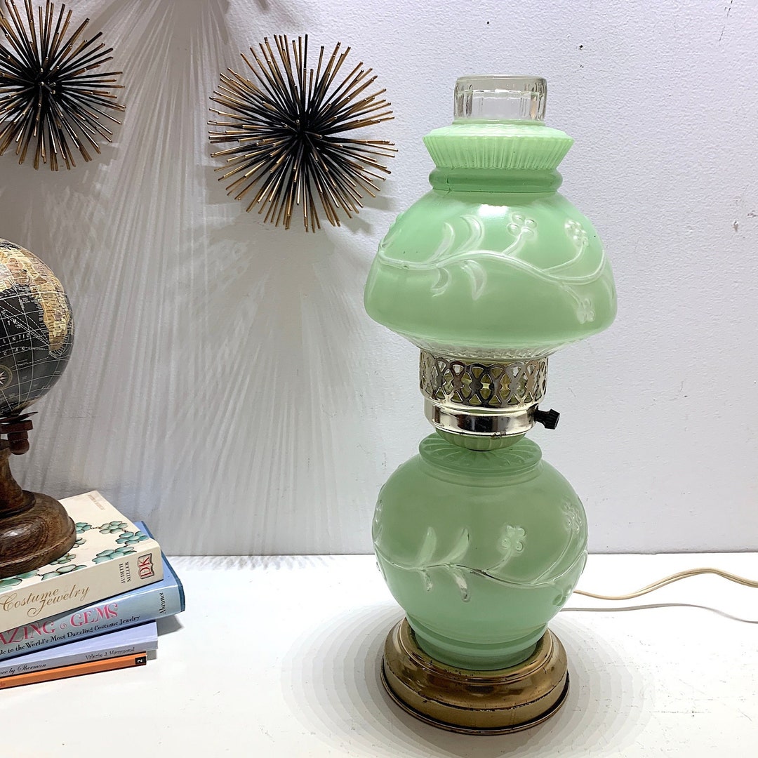 Hallway Table Lamp Frosted Celadon Green Glass Globe With a Berry and