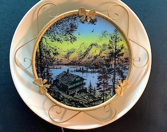 Silhouette Wall Light, Illuminated Reverse Painted Glass, Alpine Scene, Made in France