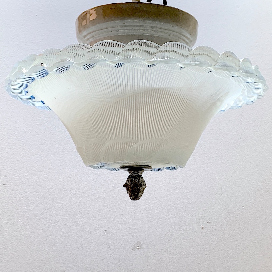 Antique Ceiling Light: Porcelain Fixture With Blue Glass Glass Bowl ...