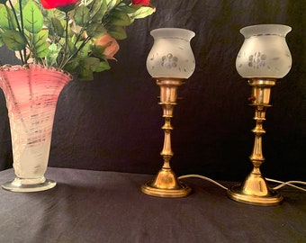 Pair Vintage Brass Table Lamps,  Etched Floral and Leaf Shades, Buffet Lamps,