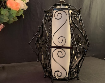 Porch Light, Wrought Iron and Milk Glass, Mission Style, Indoor/Outdoor Light, Spanish Revival
