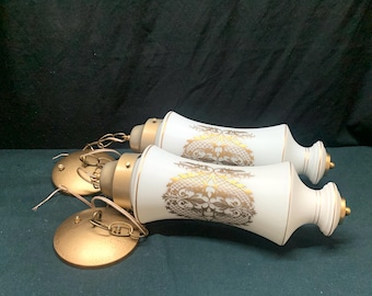 Pair Pendant Lights, Mid Century, Gold Medallion, Up-cycled Lighting,