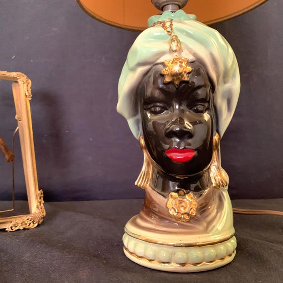 Blackamoor Table Lamp: Ceramic Nubian Female, Turbaned Arabian