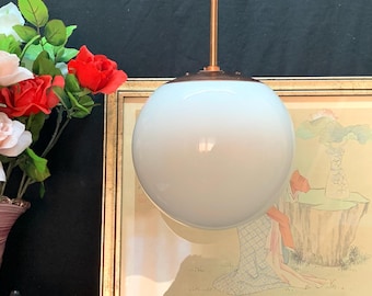 Vintage Opaline Glass Globe Pendant Light, Metal Fixture