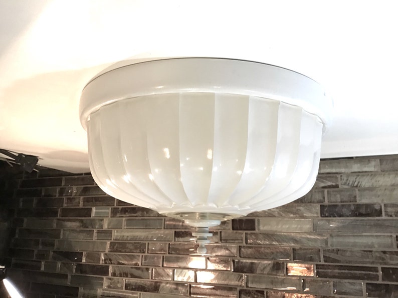 Flush Mount Ceiling Fixture Ribbed Drum Shaped White Glass Globe White Metal Fitter Kitchen Light Bathroom Light 139