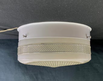 Vintage Drum Ceiling Light, Prismatic Glass Globe, Mid-Century White Fixture