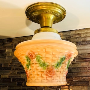 Antique Kopp Glass Ceiling Light: Flower Basket Globe, Brass Fixture -USA