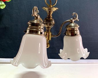 Brass Chandelier: Three Arm Ceiling Light,  Fluted  Milk Glass Shades, Down Lighting, Living room Light