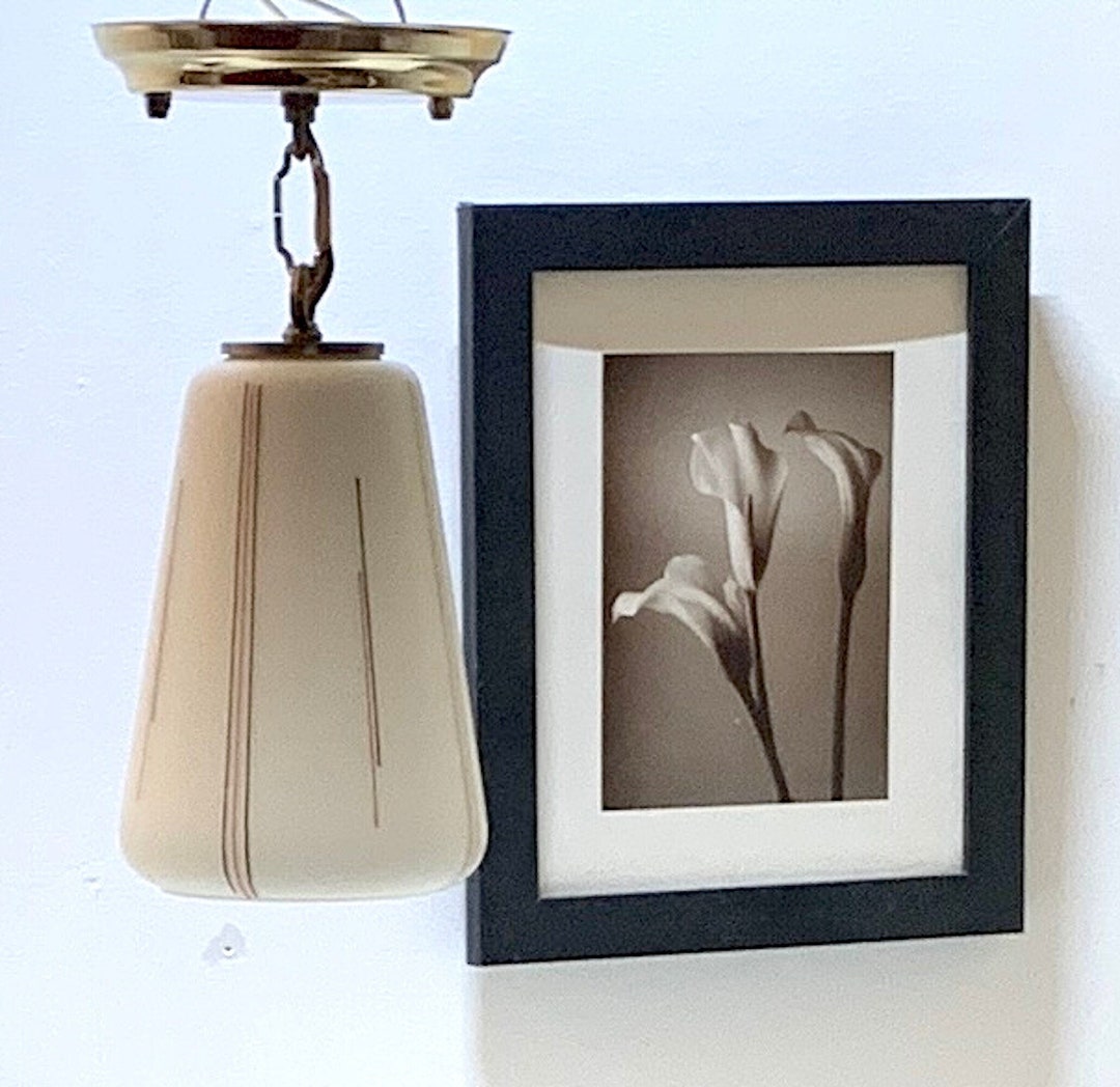 Ceiling Light: Mid Century Modern, Striped Cone Shaped, Frosted Globe ...