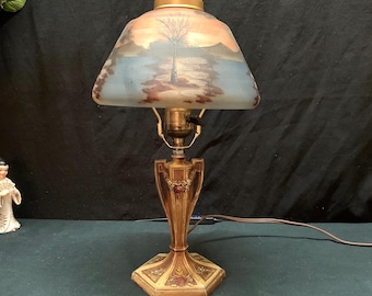 Antique Boudoir Lamp, Reverse Painted Shade, Landscape Scene,  Arts and Crafts, c1920s