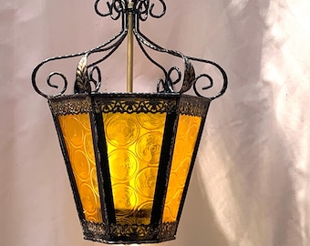 1950s Mediterranean Wrought Iron, Amber Acrylic,  Spanish Revival, Bohemian Lighting